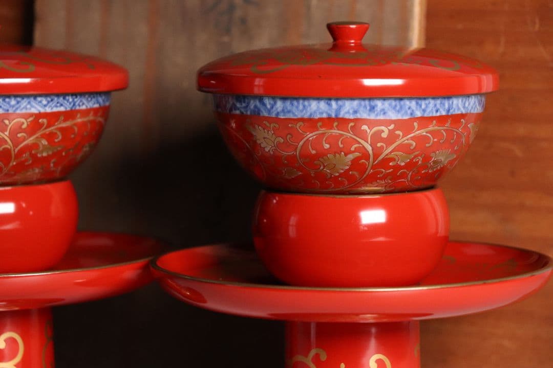 MA454 時代 桐唐草金蒔絵 朱塗 高茶台一対 天目台 赤絵 茶器 茶碗 木製