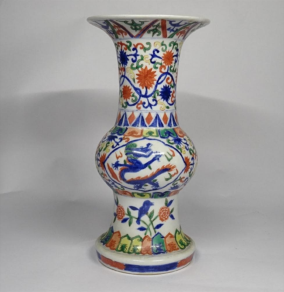 中国古玩 大明萬暦年製 彩色龍文花瓶 花器 花生 高さ約24cm x021515