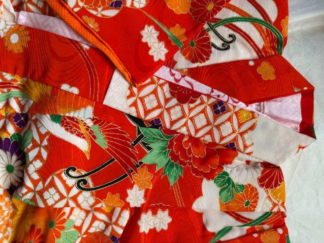七五三 7歳用子ども着物&帯セット 赤 花柄 昭和レトロ