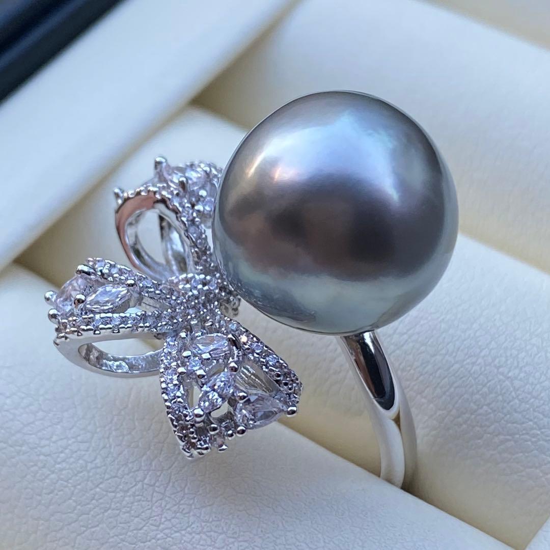 本真珠　南洋黒蝶真珠タヒチパールリング　14*13.5mmグレーグリーンL981