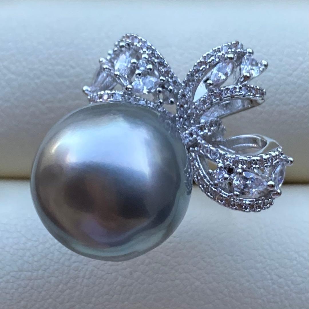 本真珠　南洋黒蝶真珠タヒチパールリング　14*13.5mmグレーグリーンL981