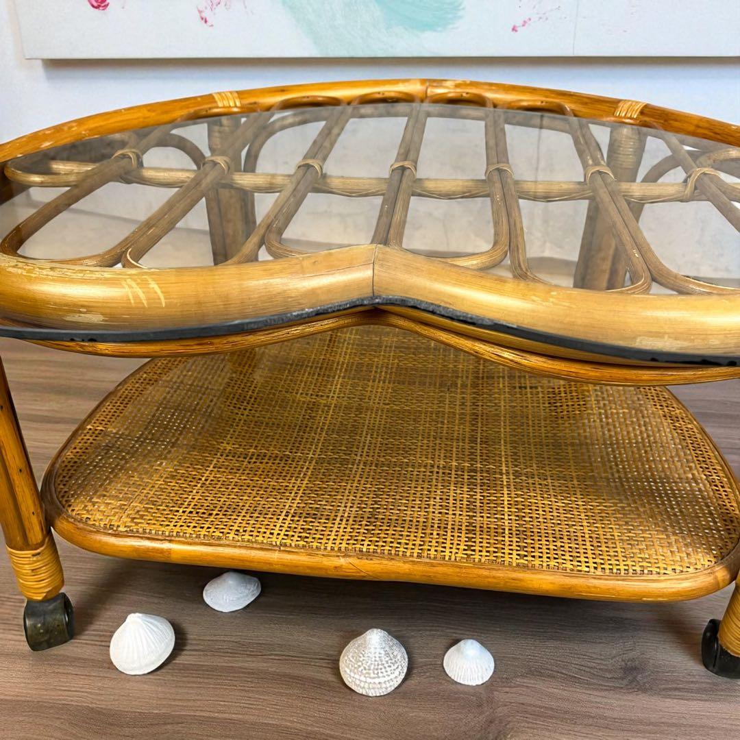 希少】ハート型 ラタン ガラス テーブル アンティーク 家具 レトロ