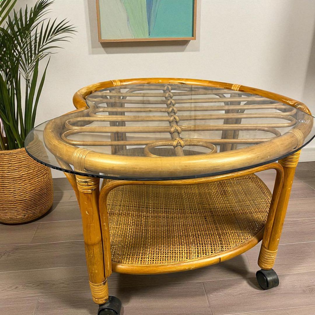 希少】ハート型 ラタン ガラス テーブル アンティーク 家具 レトロ