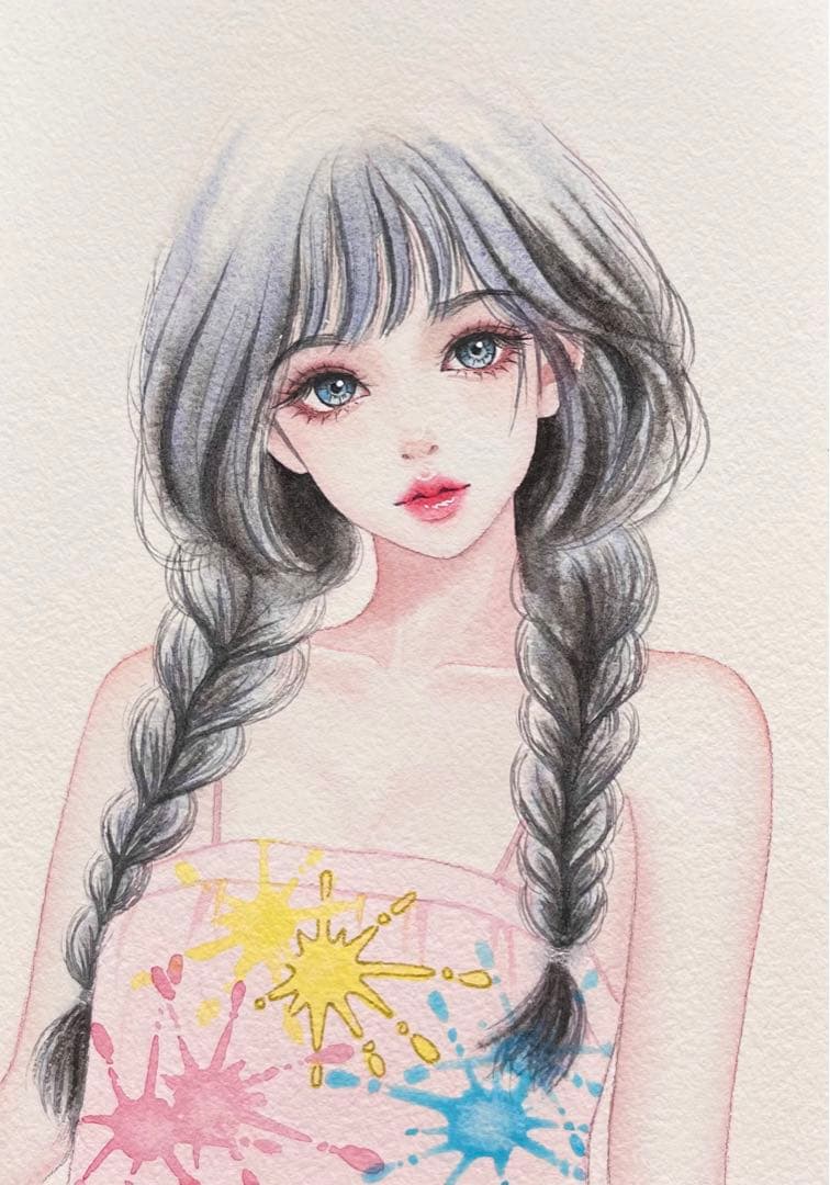 手描きイラスト水彩原画三つ編みの女の子136