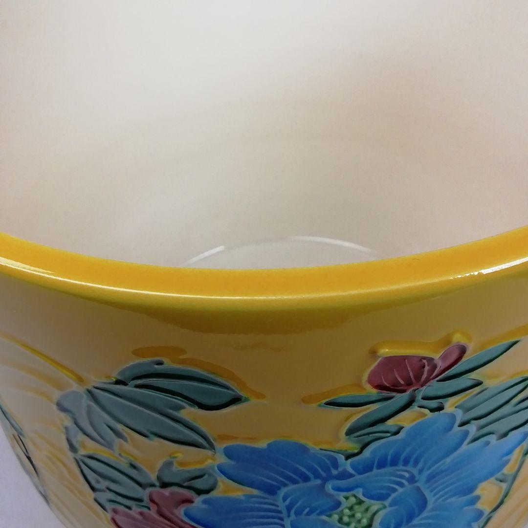 T922 水指 『黄交趾 四季草花花丸』『三室戸 造』 共箱 茶道具