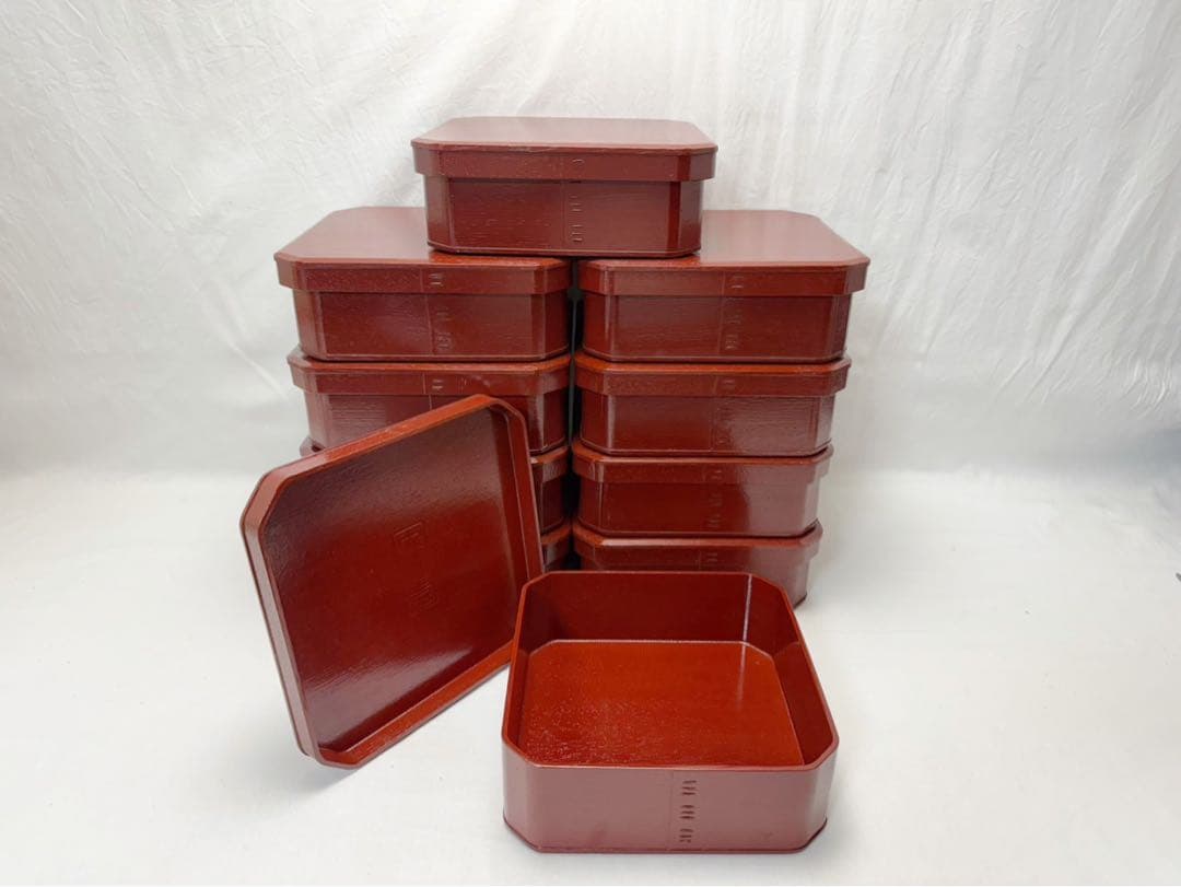 ほぼ未使用 懐石道具 木製古代朱塗 大徳寺 縁高重箱 十客揃 刻印有 共箱