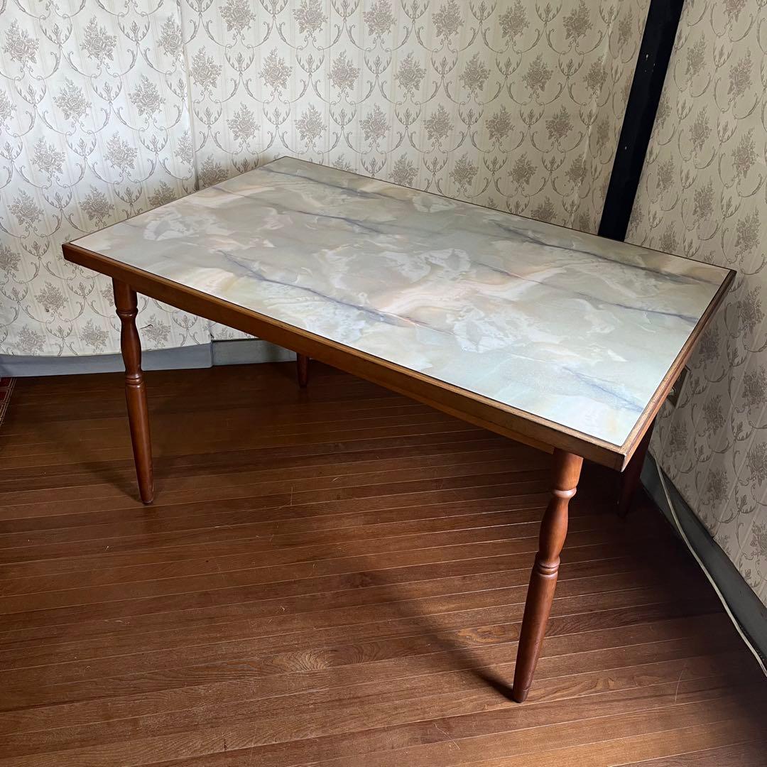 【アンティーク】昭和レトロ 大理石柄 木製ダイニングテーブル 石目天板 古民家