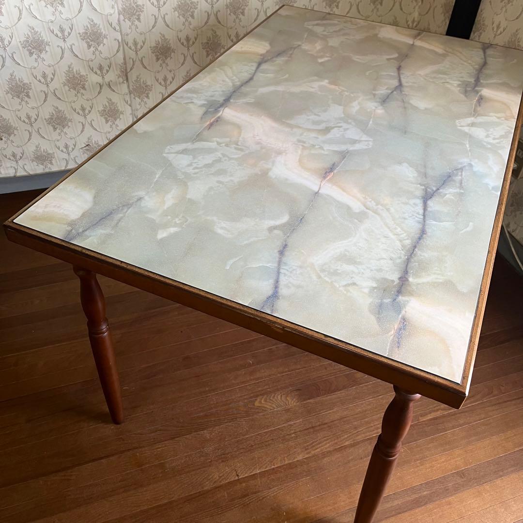 【アンティーク】昭和レトロ 大理石柄 木製ダイニングテーブル 石目天板 古民家