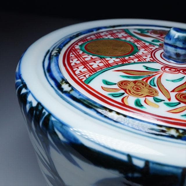 真葛香斎染付竹絵水指赤絵蓋添う共箱茶道具京焼古染付写