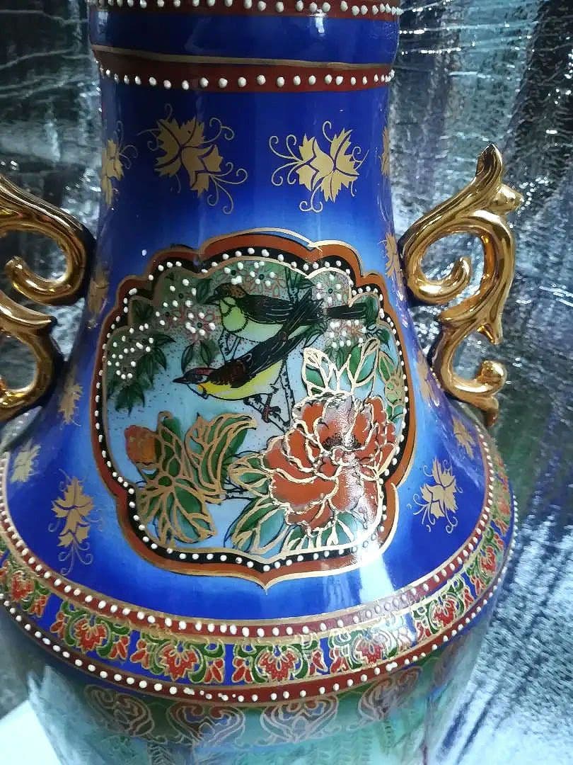 大型花瓶 中国美術 陶器 青 花器 壺 花入れ 双耳壺 飾壺 金色 中国製