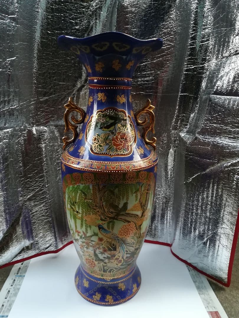 大型花瓶 中国美術 陶器 青 花器 壺 花入れ 双耳壺 飾壺 金色 中国製