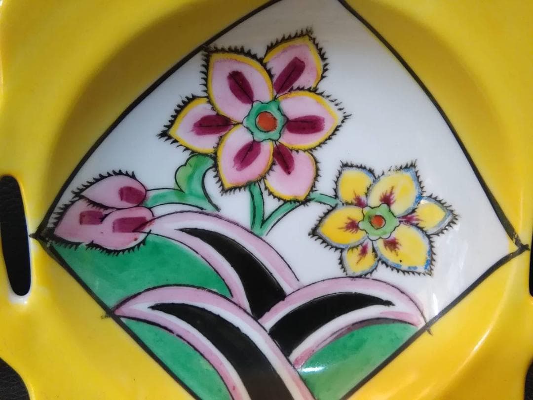 オールドノリタケアールデコ手書き花柄文様の黄色いプレート皿MーJAPAN印