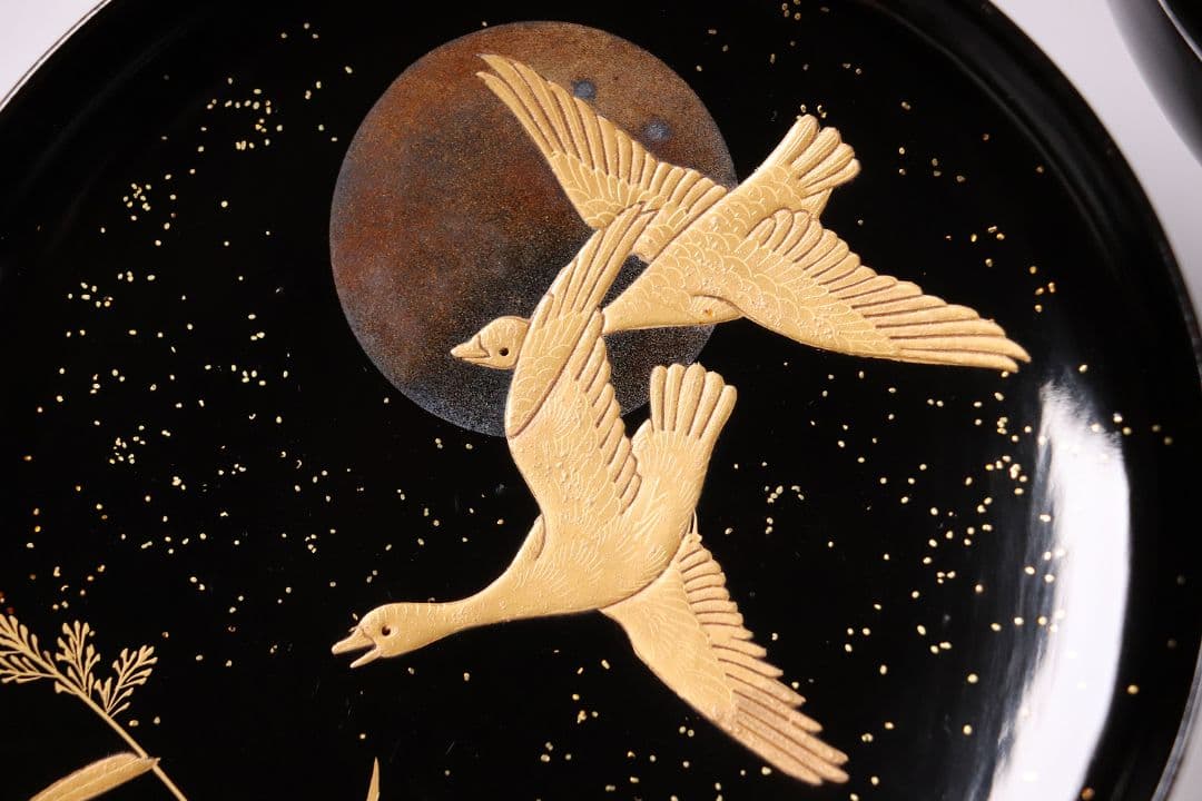 CL64 加賀蒔絵 月に雁 金蒔絵 黒塗煮物椀 五客 木製漆器 梨地 鳥 芦