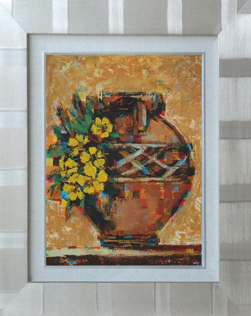 油絵 菅家令子絵 絵画インテリア額付(青緑＋金色の枠) uF6-063904壺花