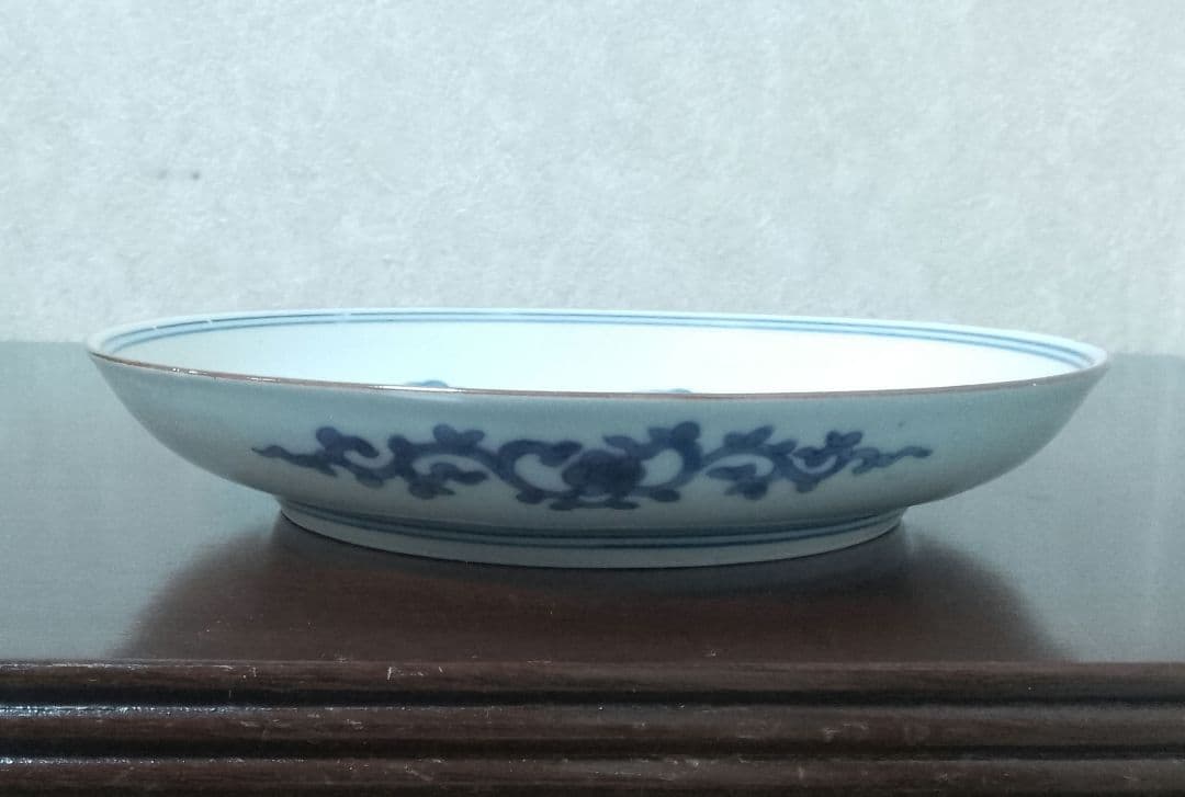 藍柿 古伊万里 染付 青海波山水文皿 江戸中期 角福銘