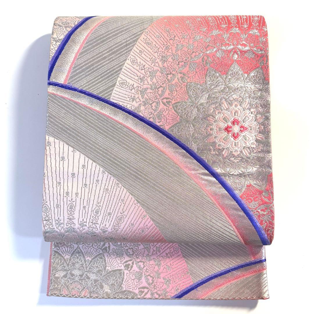 5k2918 袋帯 絹 正倉院文様 華文 唐織 銀色 赤 白 紫 ピンク 花柄