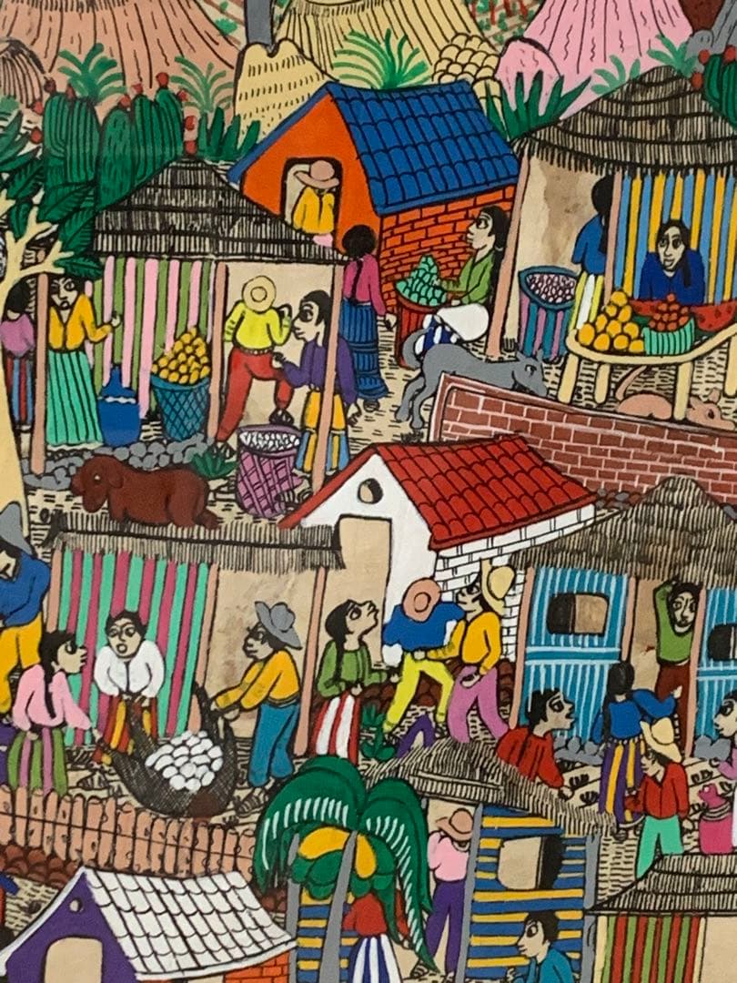 メキシコの村落　カラフルな民俗画