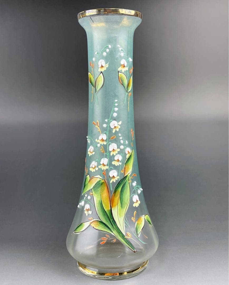 【希少】ボヘミアグラス ２２．５㎝ エナメル盛 スズラン紋 花瓶 一輪挿し 希少】ボヘミアグラス 22．5㎝ エナメル盛 スズラン紋 花瓶