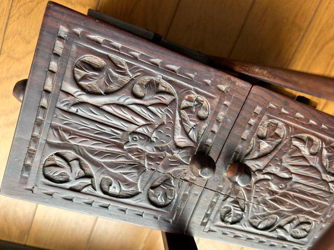 木製彫刻 裁縫箱 小物入れ 収納ボックス レリーフ アンティーク