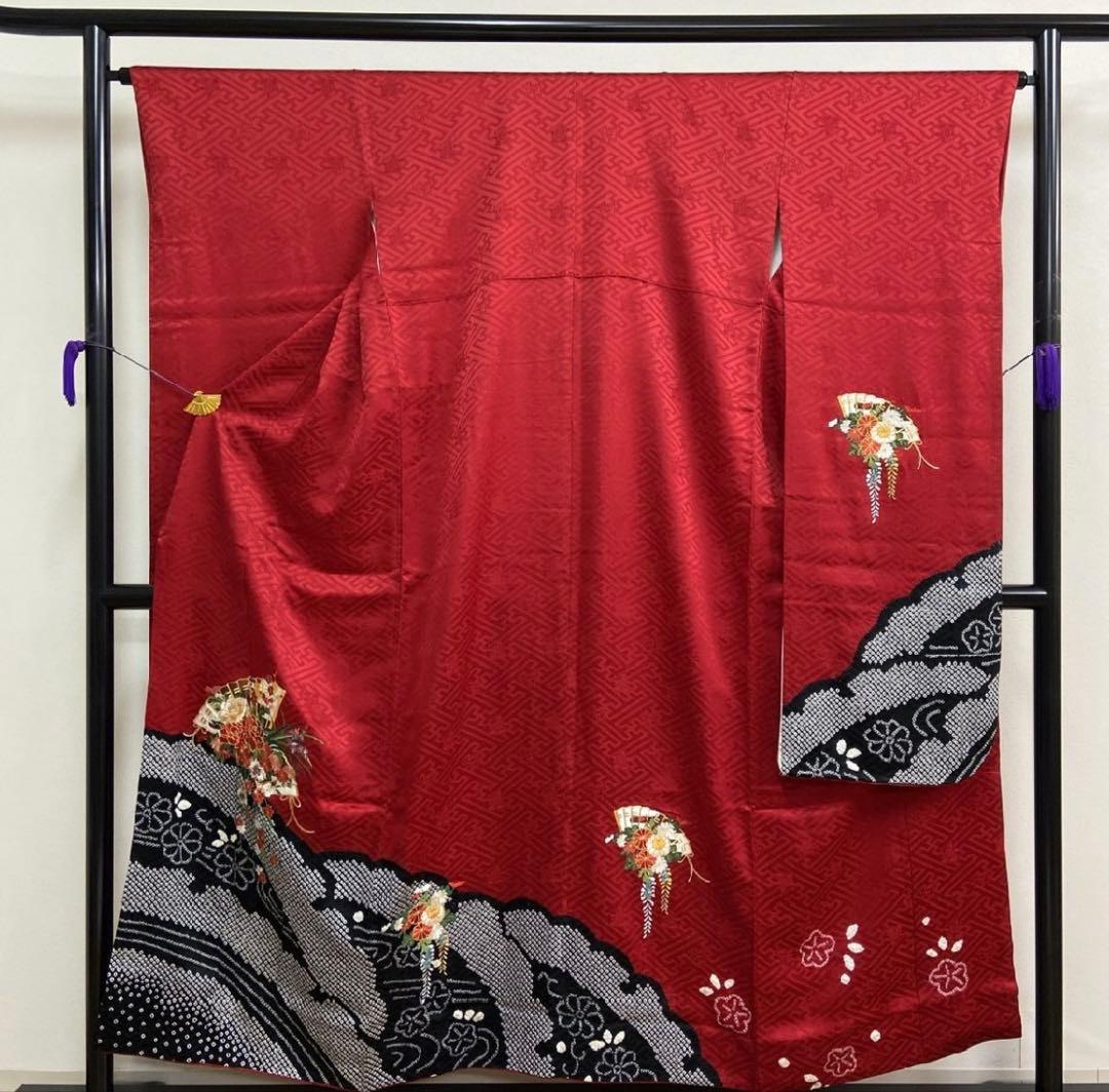 振袖フルセット6点サイズS絞り 正絹 赤色 花柄刺繍 売り切り終了