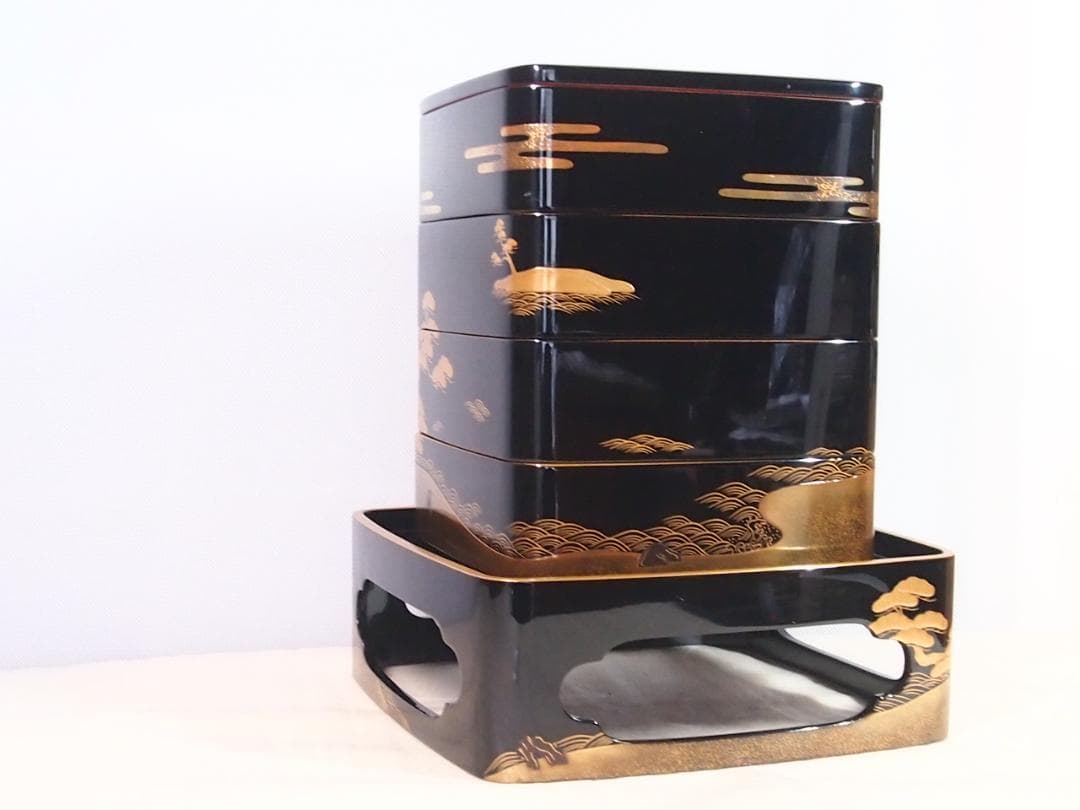 高級・良品】輪島塗 五島屋謹製 光甫作 松島蒔絵 四段重箱 台付き