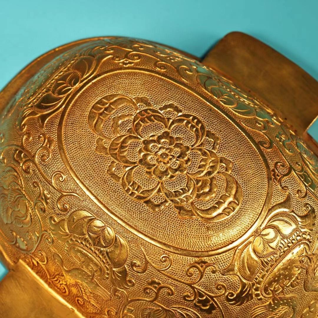中国古美術・旧蔵鎏金の碗一対・純銅细密彫・純手作り・高浮彫・置物・食器・茶道具