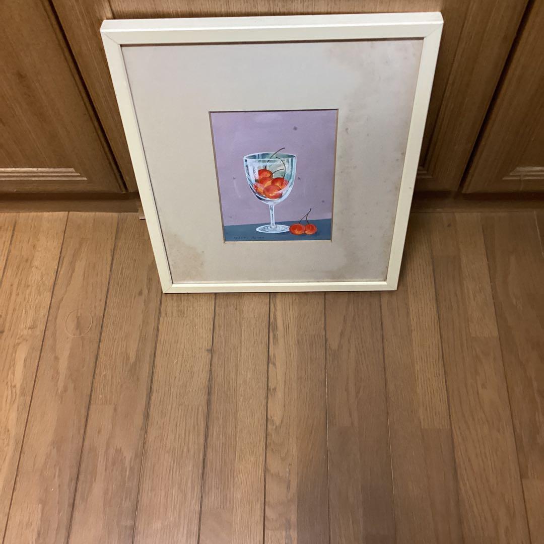 東　直樹　　水彩画　肉筆画　　【　題目　】　グラスにチェリー図　額装仕立て