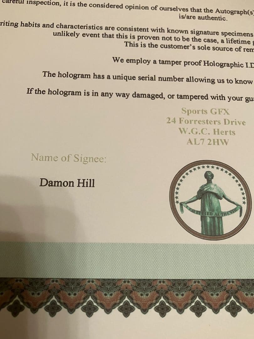 デーモン　ヒル　直筆サイン　ウィリアムズルノー　1994 証明書付き　モナコGP