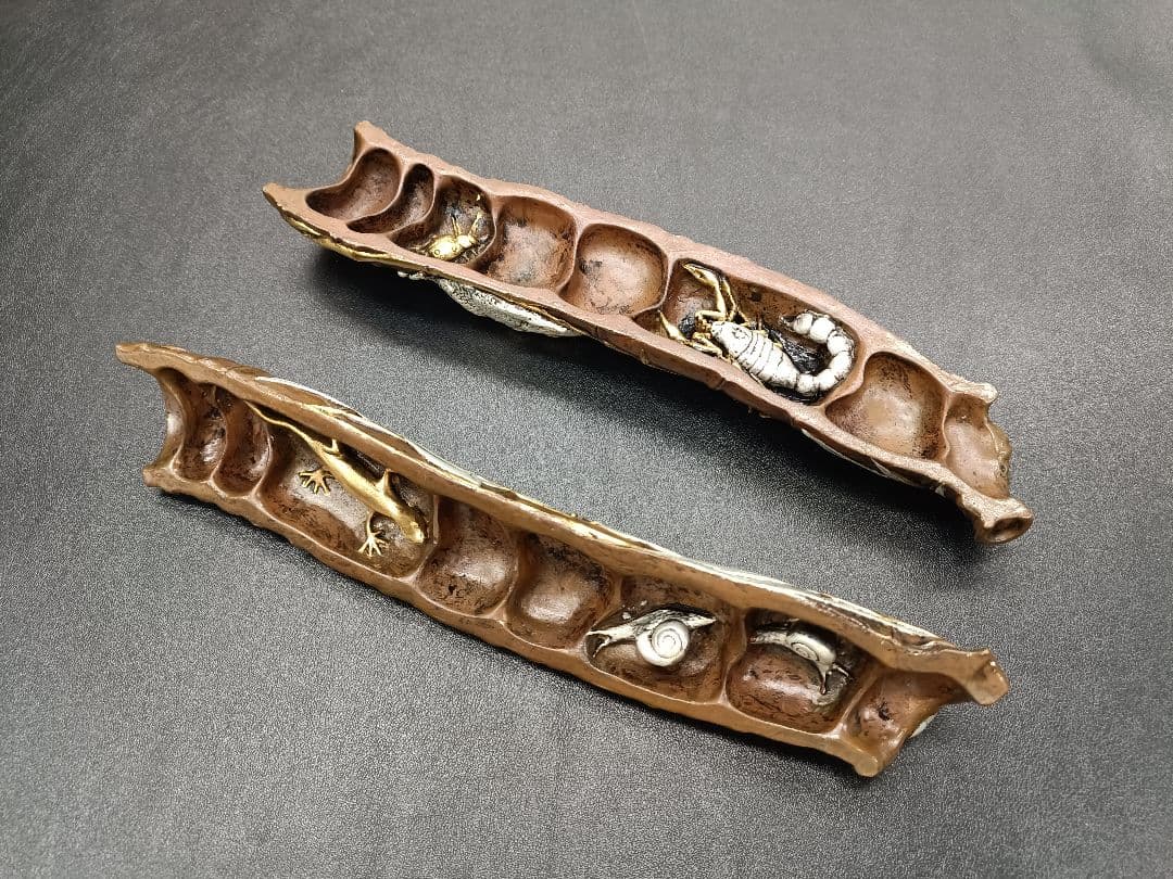 銅製鎮紙文鎮金工絵金銀夏虫図竹形書道インテリア置物