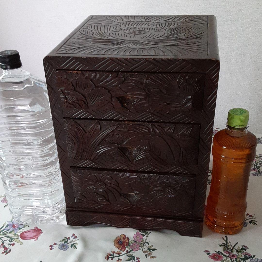 注文 日光彫りの三段小引き出し 未使用 日光彫 軽井沢彫 小箪笥