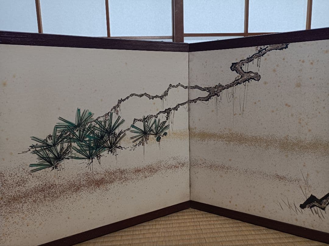 古画 柴田是真筆 円山四条派 帝室技芸員 老松図風呂先屏風 桐屏風箱入