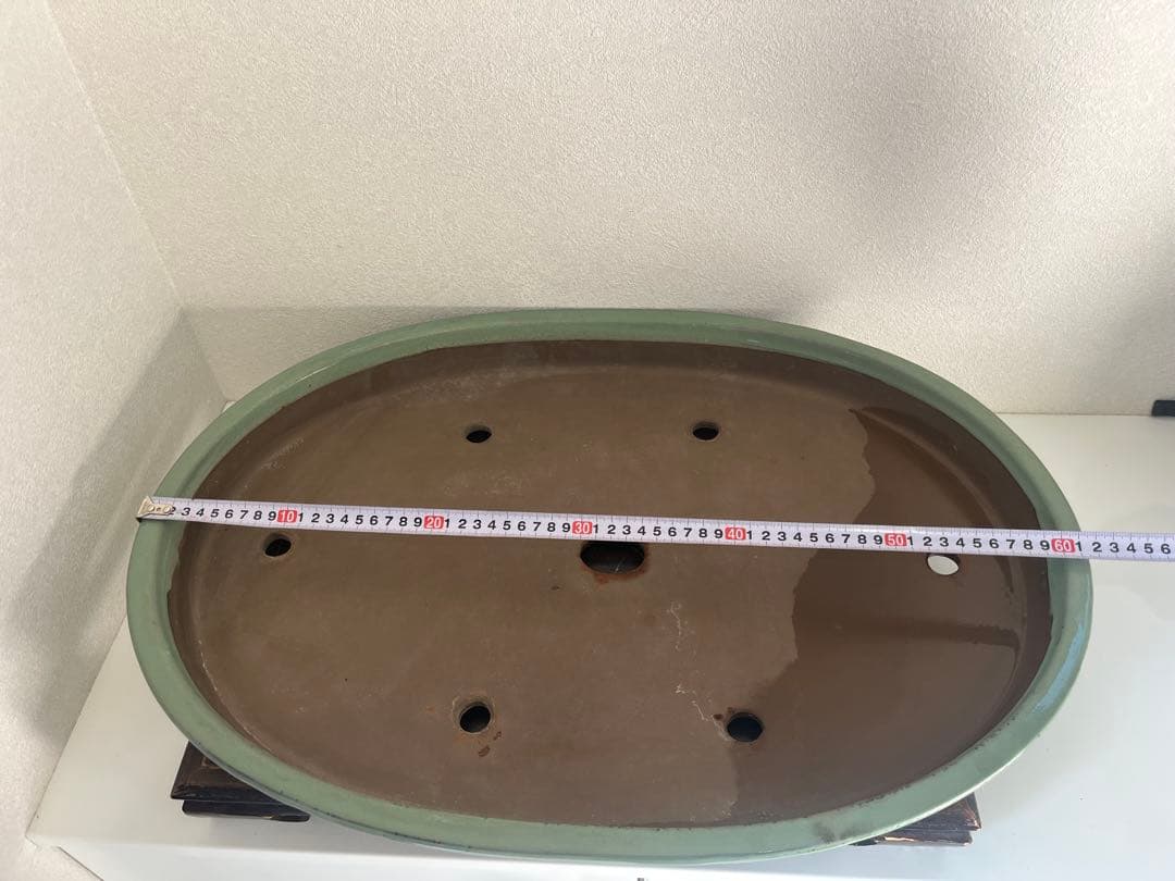 特大　桜陶　落款　緑釉　楕円　盆栽鉢