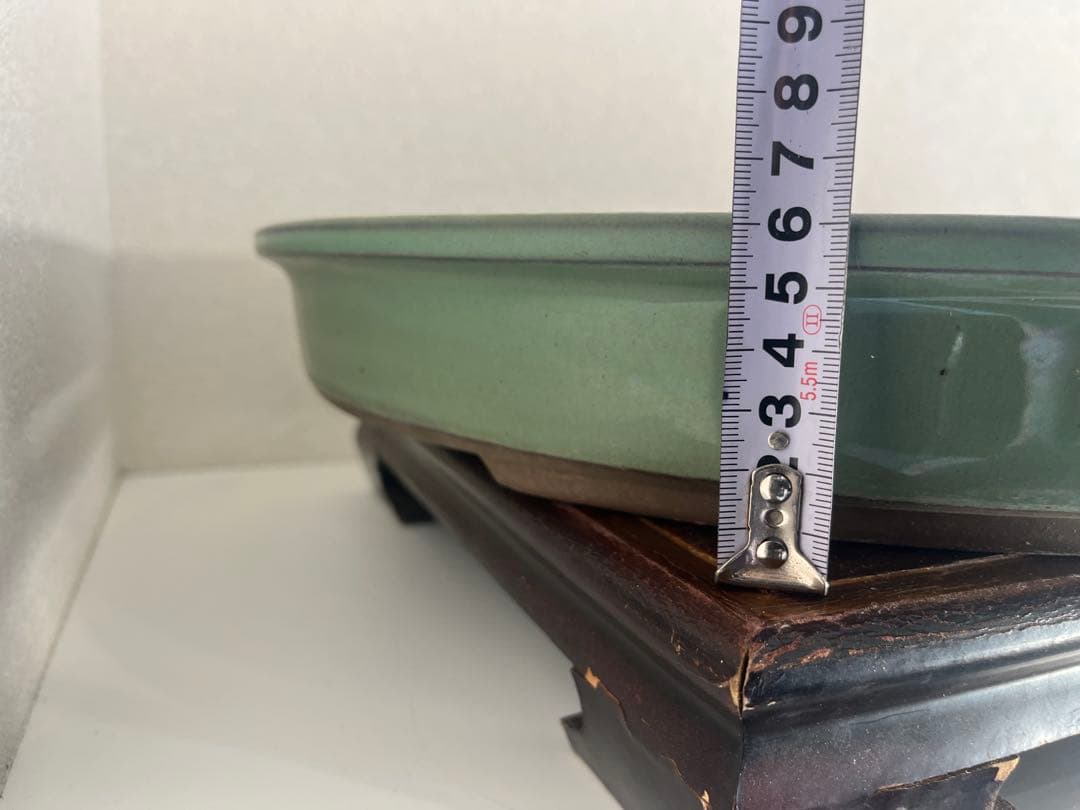 特大　桜陶　落款　緑釉　楕円　盆栽鉢