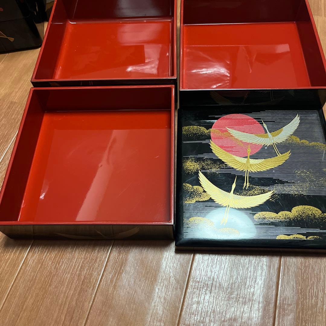 重箱 鶴と扇の装飾、3個セット