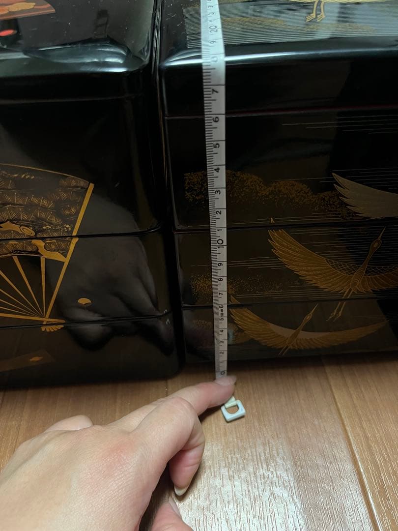 重箱 鶴と扇の装飾、3個セット