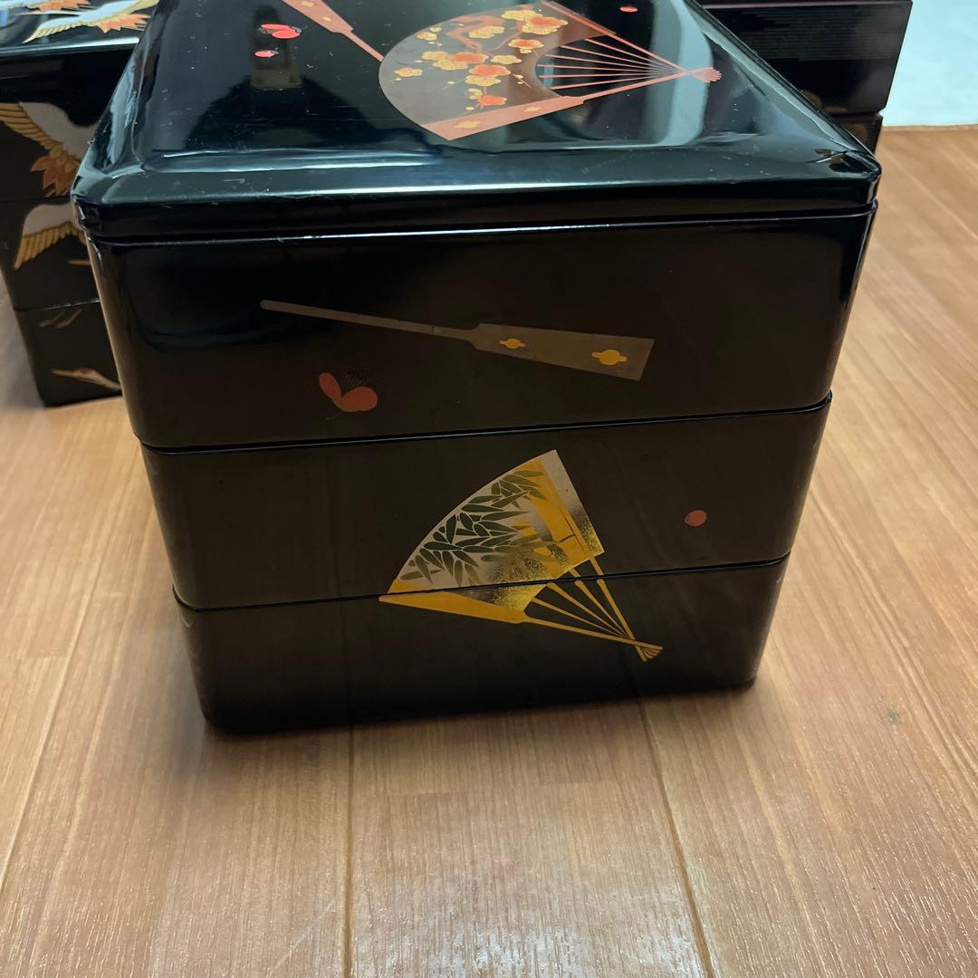 重箱 鶴と扇の装飾、3個セット