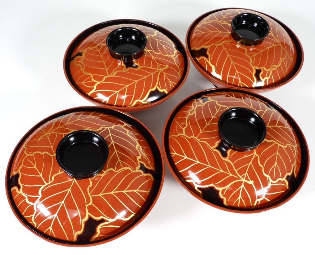 輪島塗 金彩蒔絵 柏葉尽蒔絵 木製 大煮物碗 吸物碗 四客