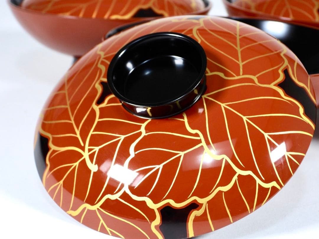 輪島塗　金彩蒔絵　柏葉尽蒔絵　木製　大煮物碗 吸物碗 四客