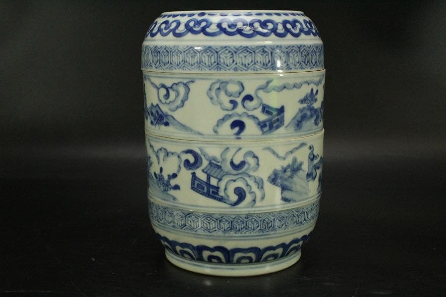 中国美術 青花 人物画 丸段重(LC827)