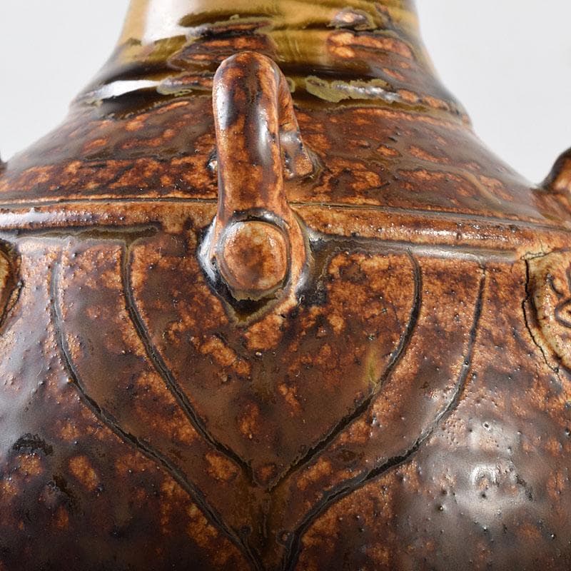 中国　遼褐釉　花文　四耳碗口壷　V　R8153