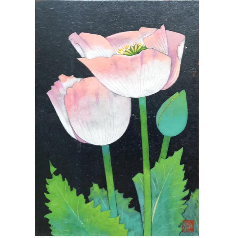 ☆黒川富士雄☆「芥子図」日本画 SM 印共シール　未使用額！