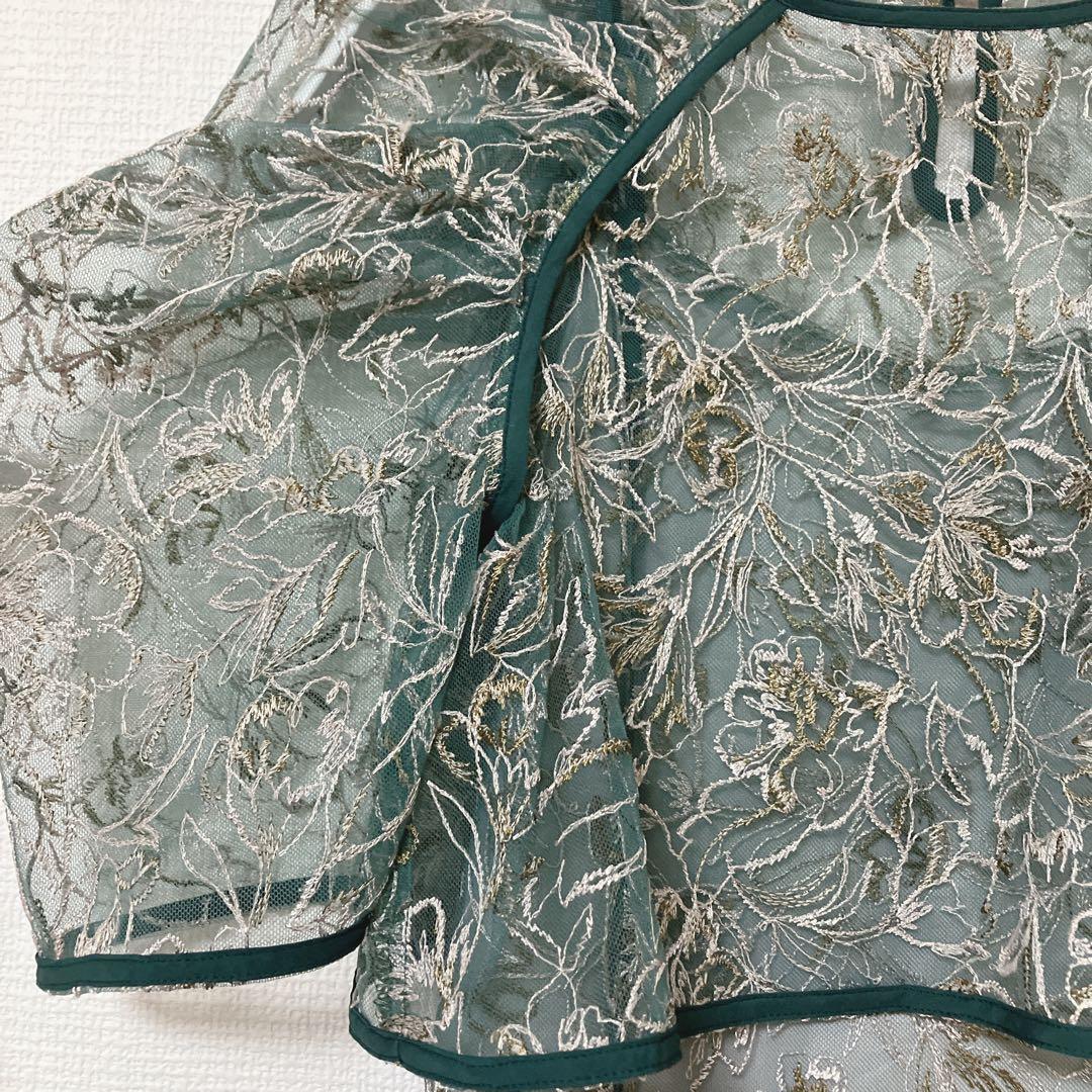 美品　人気　カナ　花柄刺繍 レースボレロ キャミワンピース ２点セット　グリーン