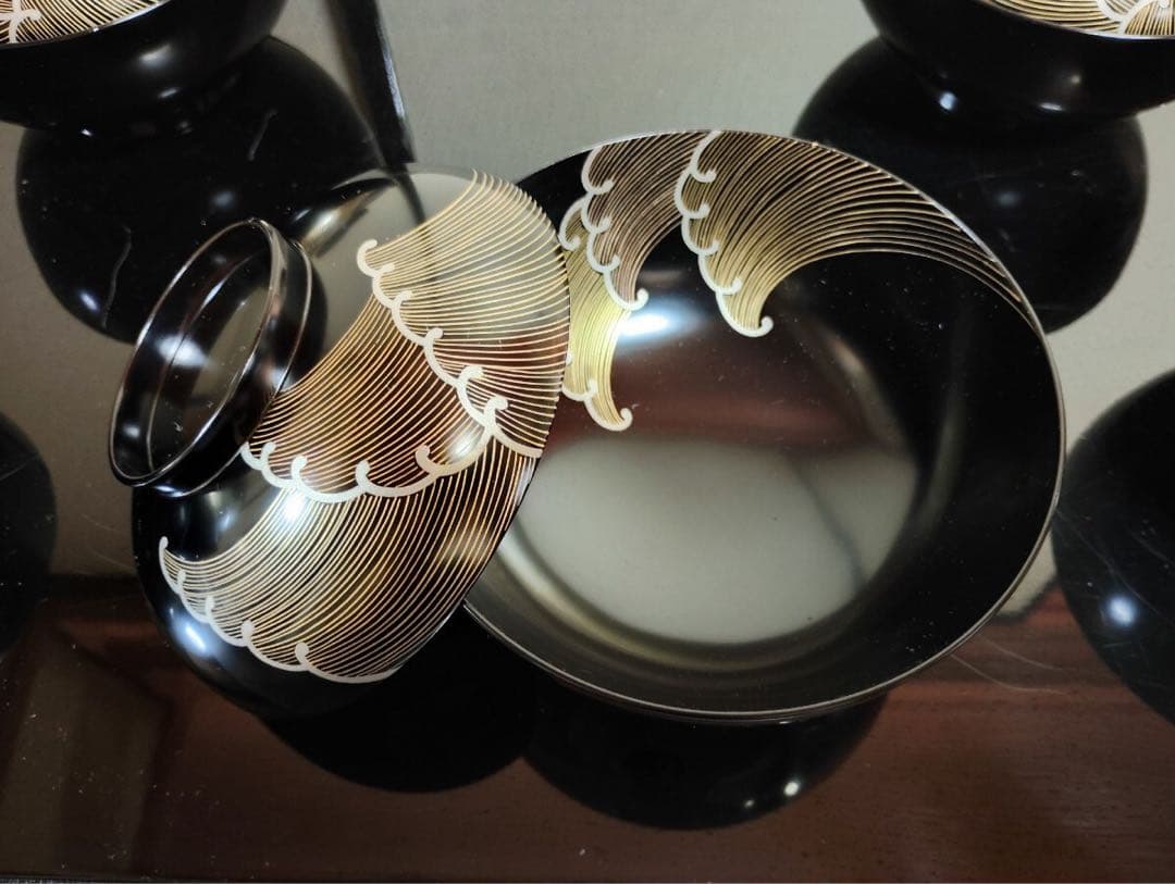 輪島塗 吸物椀 5客　波模様