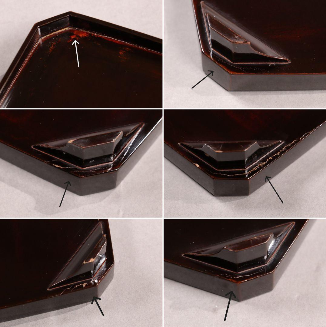 CH74 時代木製漆器 花鳥金蒔絵 黒塗吸物膳 五客 足付 隅切四方膳 盆 梨地