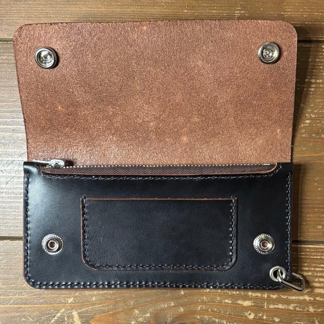 ハンドメイド 茶芯 トラッカーウォレット ブラック 本革 1点のみ