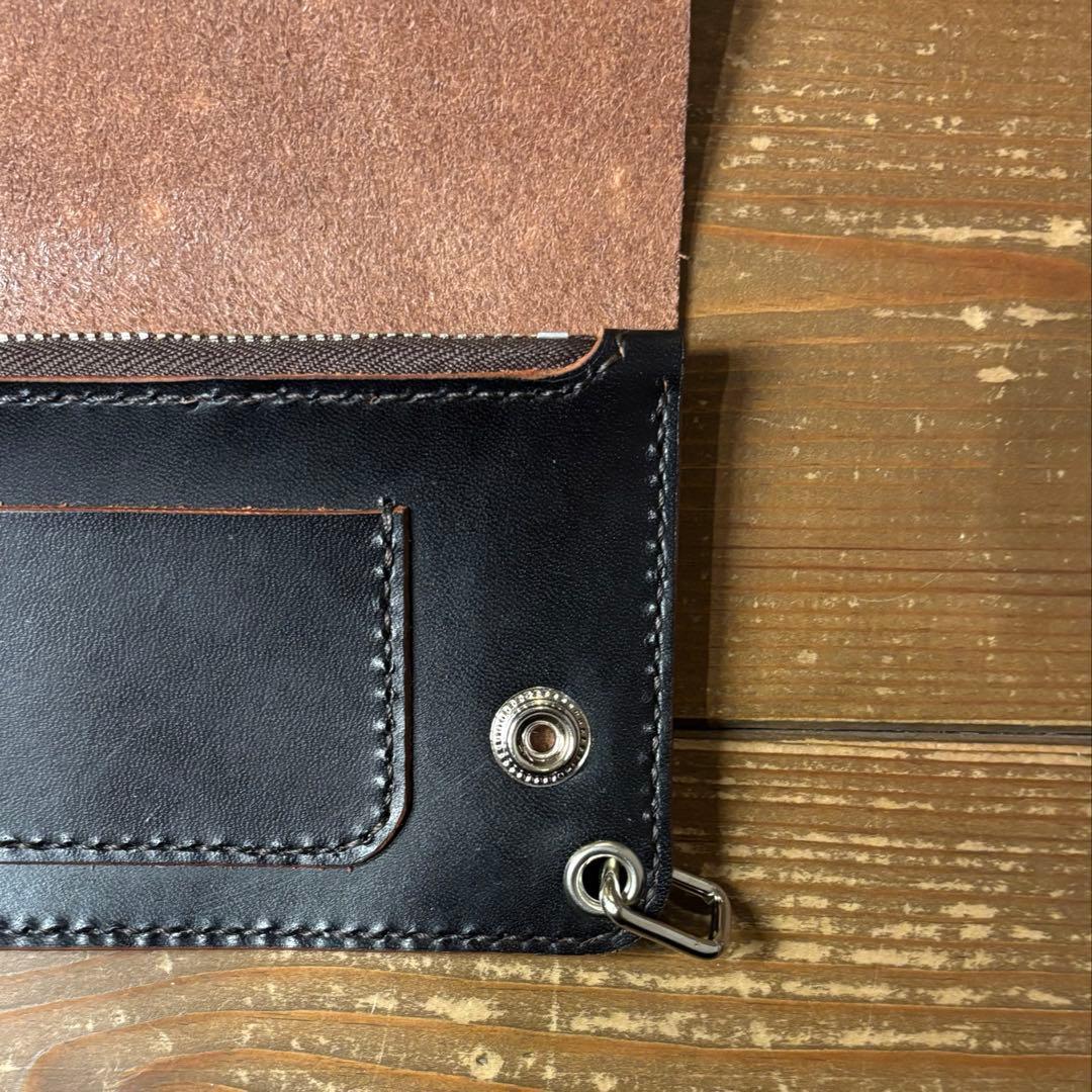 ハンドメイド 茶芯 トラッカーウォレット ブラック 本革 1点のみ