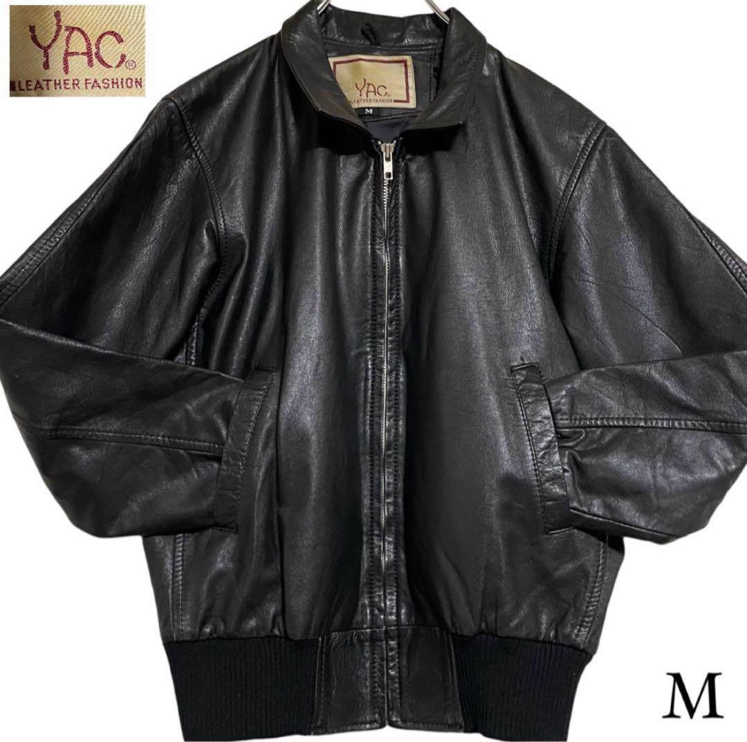 vintage】牛革 カウレザーシングルライダースジャケット リブ切替 黒 M