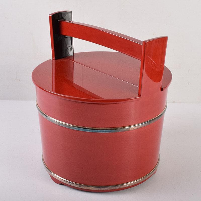 輪島塗　浜木松峰　朱塗銀タガ　手桶水指　堀内宗完(兼中斎)極め箱　VR8538H