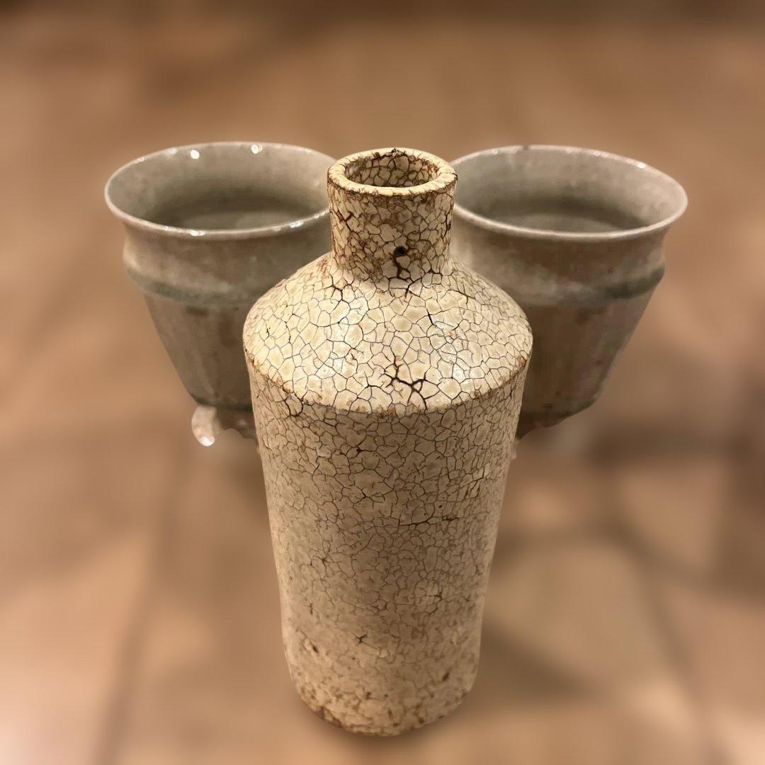 【宮城陶器】希少　宮城正幸　陶器セット 酒器（花瓶）とゴブレット　ひび割れ釉薬 宮城陶器】希少 宮城正幸 陶器セット 酒器（花瓶）とゴブレット