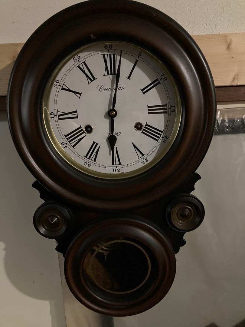 希少 アンティーク柱時計 堀田時計店 CROWNFAN ダルマ四つ丸 稼働中
